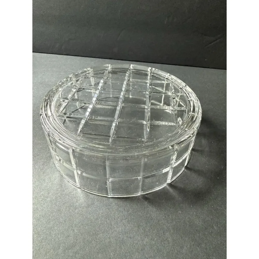Vintage Cut Crystal Glass Tartan Pattern Bowl Clear Round Modernist Trinket Dish